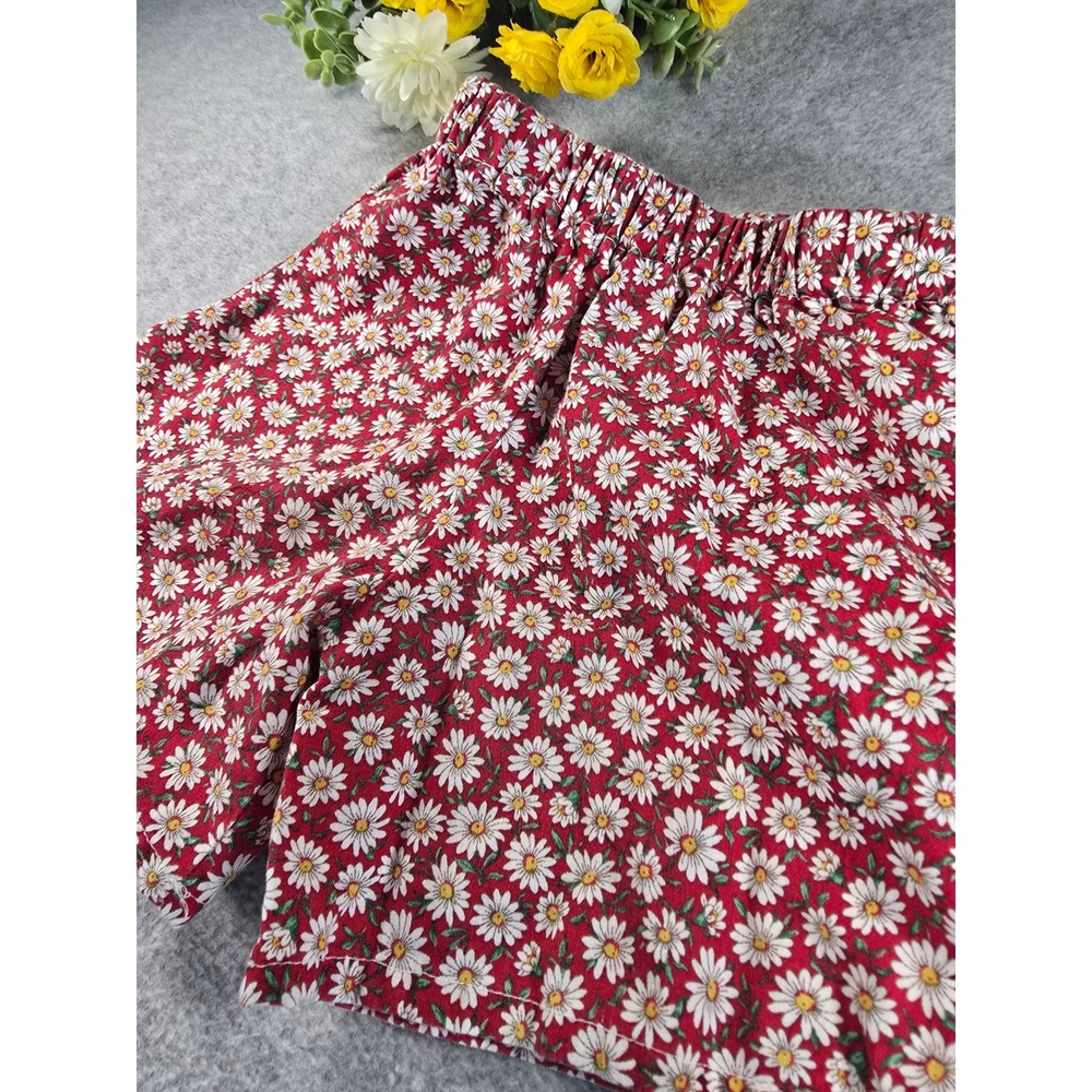 Vintage 90s Handmade Red Daisy Floral Print Elastic Waist Shorts Cottagecore XS - Picture 3 of 9